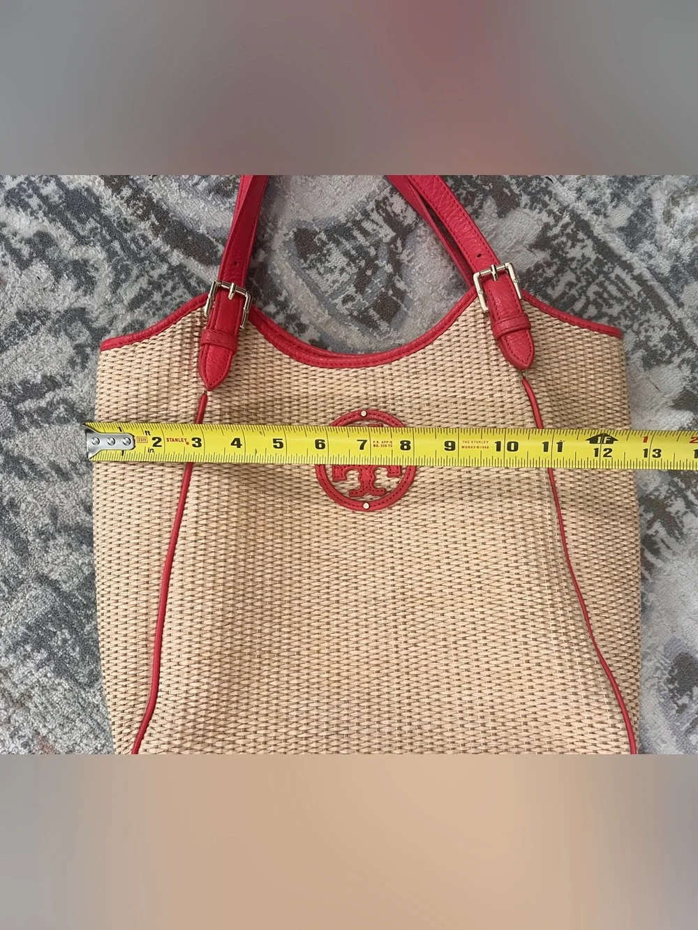 Tory Burch Raffia Straw Tote with Poppy Red Leather Trim